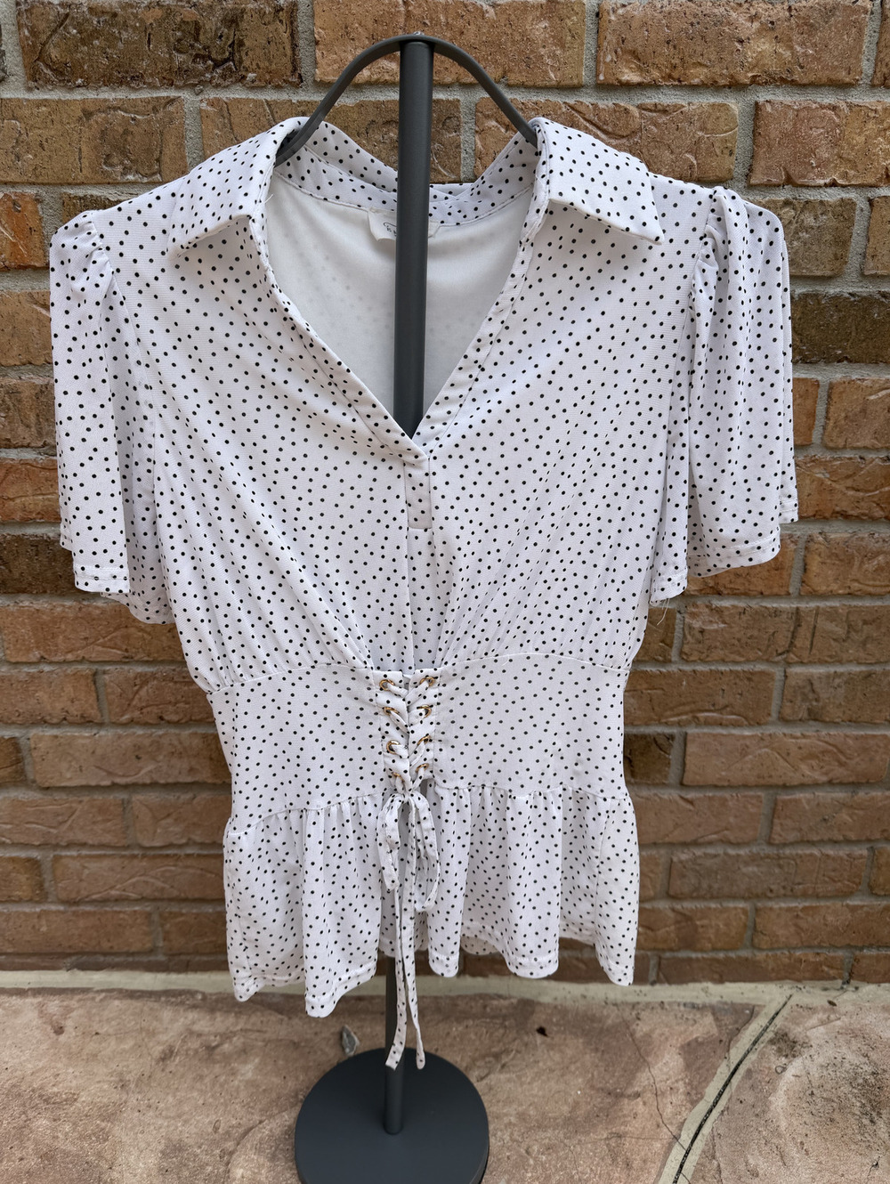 Ember White Black Polka Dot Corset Lace Up Peplum Blouse Size M